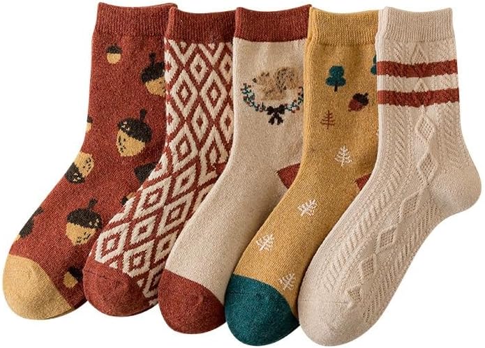 FORJMMP 5/10 Pairs Wool Socks for Women Thick Knit Vintage Cute Floral Crew Socks - Image 1